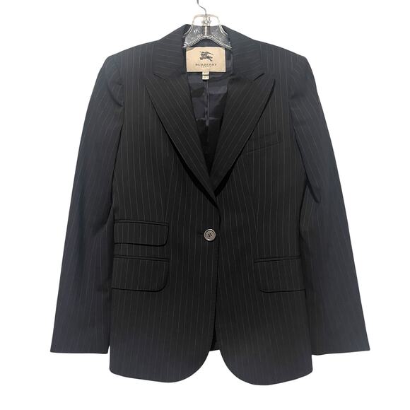 Burberry Womens Blazer size 8 Pinstripe Wool Suit Jacket Classic London Black - Picture 1 of 12